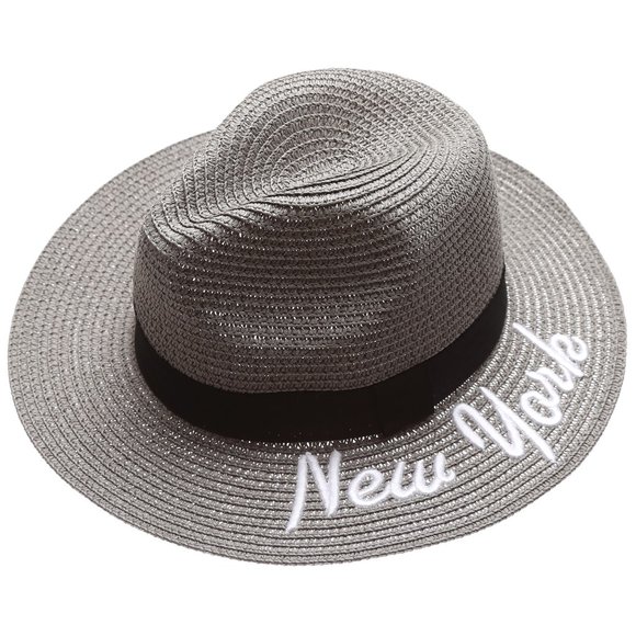 NewYork Embroidered Summer Straw Beach Hat -Gray - Picture 2 of 5
